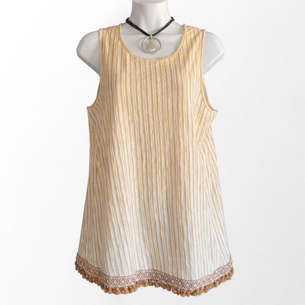 W5 Anthropologie Gold Stripe Tunic Tank Pom Pom Ribbon Hem Detail L